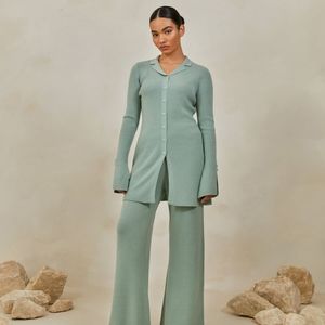 Veiled Collection: Merino Wool Button Down Knit Top - Desert Sage